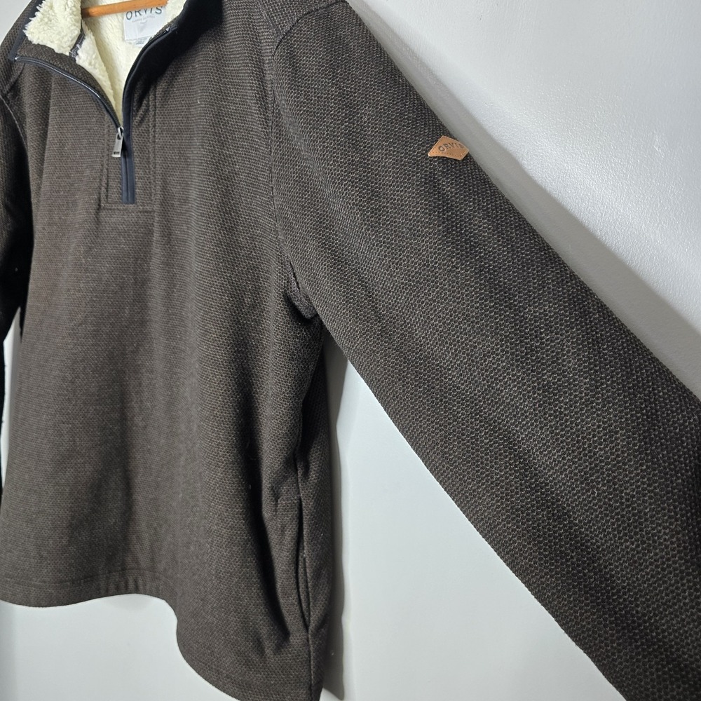 Orvis Quarter Zip Sherpa Lined Pullover Sweater Mens XLarge Brown Pockets Cozy - Picture 6 of 14